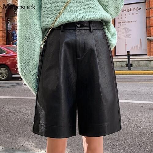 PU Leather Casual High Street Biker Shorts New Solid High Waist Shorts Women Pockets Zipper Fly Loose Femme Shorts Women 10997