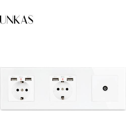 UNKAS Crystal Tempered Glass Double EU Standard Socket with 4 USB Charging Port 1 Gang Female TV Connector Television Port