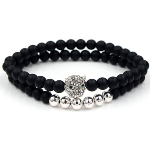 6mm 2PCS/Lot 42 gold silver Copper cz zircon cubic zirconia elastic adjusted Charm nature stone leopard agate Onyx Bracelet