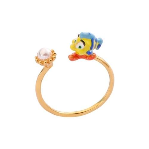 European and American New Fashion Enamel Small Fish Animal Opening Adjustable Ring Temperament Personality Pearl Jewelry Women