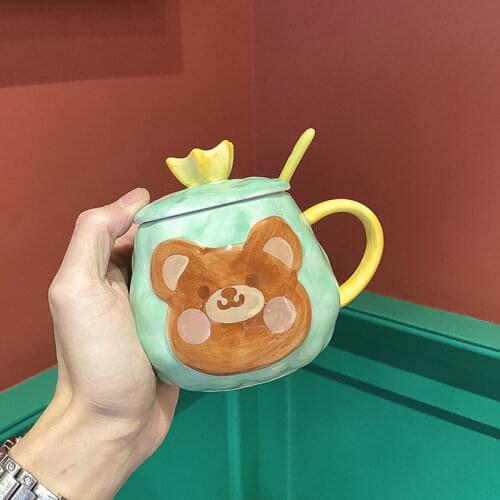 Ceramic Mug Relief Lovely Korean Cartoon Girl Breakfast Milk Schoolgirl Coffee Ceramic Cup With Cover And Spoon