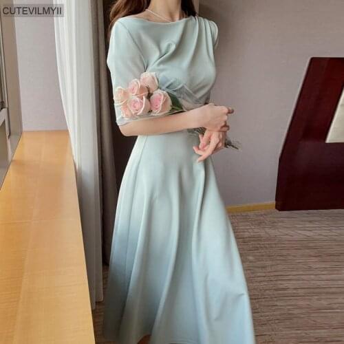 Korean One-Piece WomenS Fashion Summer Robe Chic Korea 2021 New Round Neck Pullover A-Line Solid Banquet Midi Dress