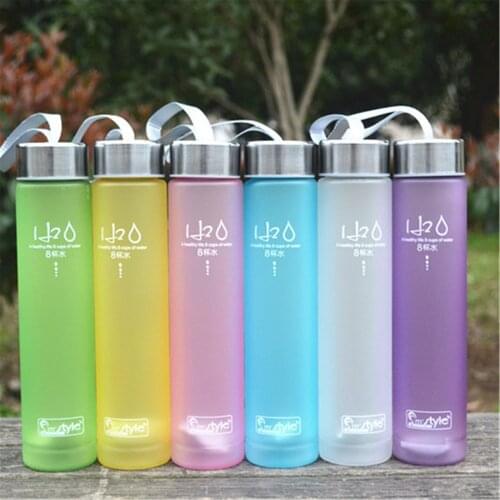 1Pc 280ml Transparent Round Plastic Matte Water Cup Outdoor Cold Juice Water Sports Cup with Portable Milk Rope Water Cup