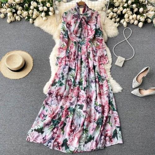 Summer Chiffon Dresses Ladies 2021 New Elegant Printing Floral Dress Woman Holiday Bow Tie Long Sleeves Long Beach Dress Woman