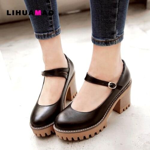 LIHUAMAO Classic Mary Jane shoes for women platform ankle strap round toe ladies shoes for party ,wedding , dancing