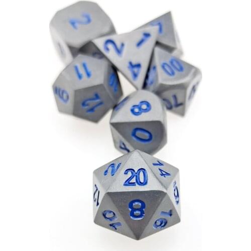 Brushed Steel with Blue DND Metal Dice Standard 7 PC Set D4 D6 D8 D10 D% D12 D20 for Role Playing D&D RPG Games