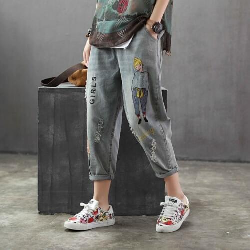 Korea Fashion Girls Letter Character Jeans Cartoon Embroidery Loose Denim Harem Pants Elastic Waist Calf-length Ripped Trousers