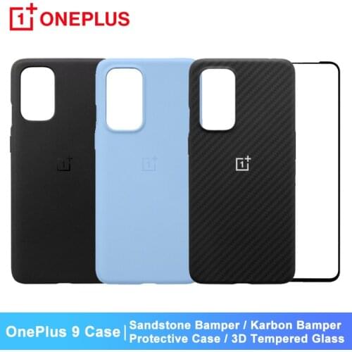 Original OnePlus Protective Case For OnePlus 9 Case 3D Tempered Glass Screen Protector Sandstone Bamper Karbon Bamper Cover