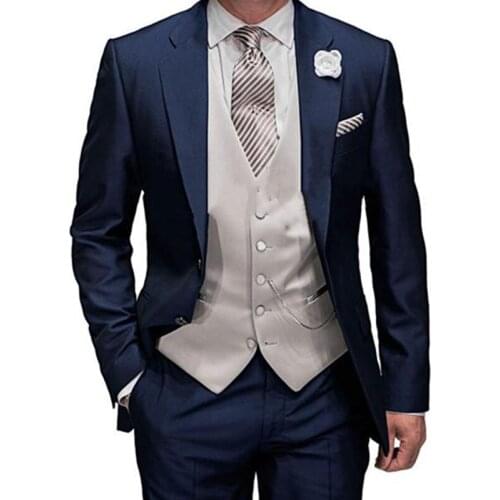 Autumn Tailor Made Fashion Gentleman Dark Blue Men Suits Slim Fit Groom Tuxedo For Wedding Dinner Party Sets (Jacket+Pants+Vest)