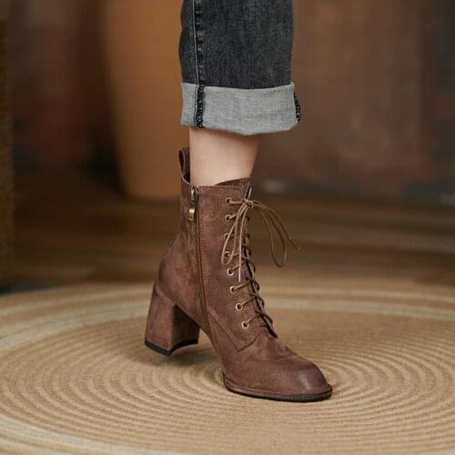 GUIDIBASIC High-heels Genuine Leather Womens Boots 2021 Autumn Round Toe Lace-up Mid-heel Thick-heel Martin Boots