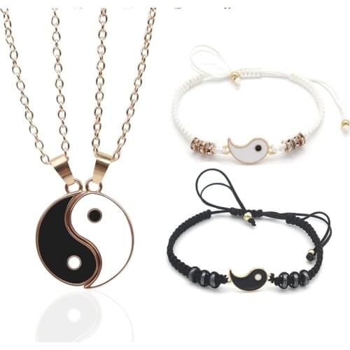 Couple Bracelets Hematite Leather Cord Braid Chain Bracelet Chinese Tai Chi Alloy Pendant Two-piece Woven Lover Bracelet Gift