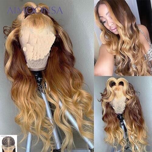 Transparent Lace Wigs Ombre Human Hair Wig Body Wave Wig Highlight Wig Pre Plucked Beached Knots Wigs T Part Lace Wig 150% Remy