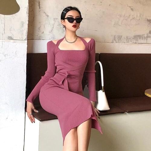 Sexy Knitted Long Dress For Women Black Long Sleeve Halter Skinny Sweater Dresses Stretch Elegant Female Vestidos Party DR011