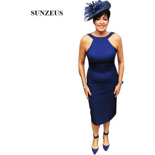Sheath Tea Length Navy Blue Mother Of The Bride Dress Simple Elegant Lady Dinner Dress Sleeveless Women Party Gowns For Wedding