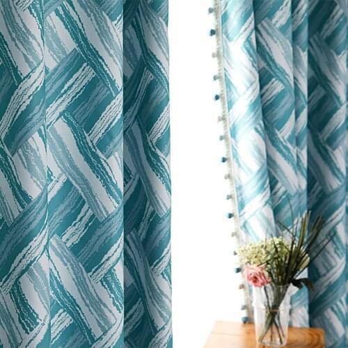 Custom curtain Nordic Simple livingroom geometry blue line shading diamond bedroom blackout curtain tulle valance drape M866