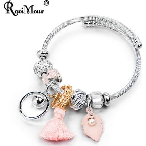 RAVIMOUR Tassel Bracelet for Women Stainless Steel Jewelry Leaf Ball Circle Love Charm Bangles Fashion Brazalete Mujer New 2018