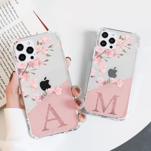 Luxury Clear Initial Letter Flower Case For iPhone 11 12 Pro XR X XS Max 7 8 6 6S Plus 5 5S SE 2020 12 Mini Hard PC Airbag Cover