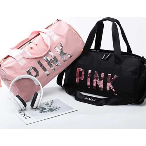 Sequins PINK Nylon Travel Bag Women Waterproof Fitness Training Bag For Sport Female Large Capacity Dry Wet Separation Shoes Bag