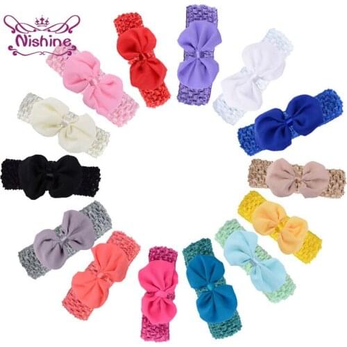 10*5.5 CM Chiffon Bowknot Knitted Headband 17 Colors Crochet Weave Elastic Hairband DIY Handmade Hair Accessories for Baby Girls
