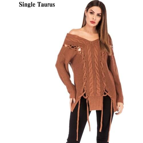 Streetwear Bandage Sweaters for Women Twist Weaving V Neck Sexy Oversized Sweater Pullover Jumper Knitted Sweater Pull Femme