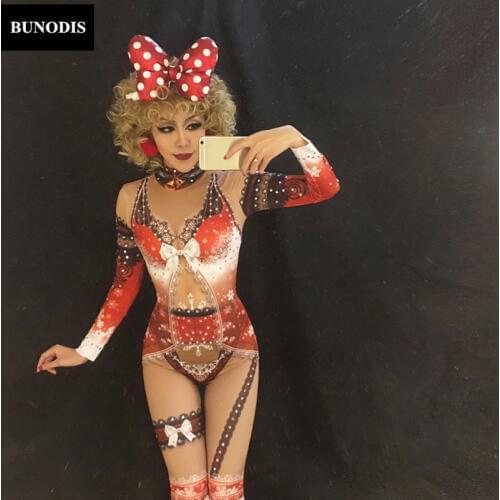 ZD081 Lasetest Lovely Christmas Bodysuit Bling Jumpsuit Christmas Party Nightclub Performance Stage Costume Women Sexy Clothing