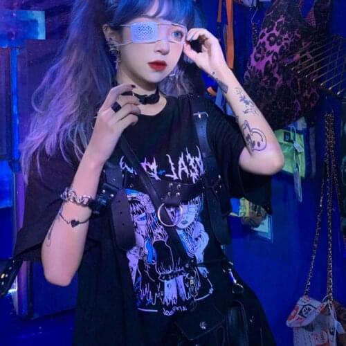Gothic Punk Lolita Women T-shirt Kawaii Summer Anime Pattern Printing Hip-hop Streetwear Y2K Oversized Cotton Short-sleeved Top