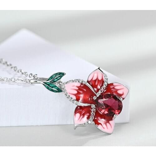 Women Fashion Pink Enamel Big Flower Peach Blossom Lotus Silver Pendant Necklace Elegant Temperament Wedding Neckalce for Female