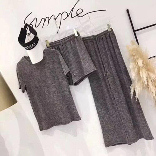 Womens Clothing Casual 3 Piece Set Fashion Knotted Short Sleeve Tshirt High Waist Wide Leg Long Trousers Women Solid Suit Chic