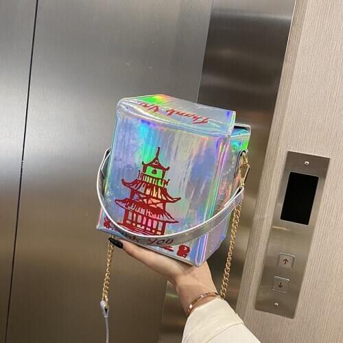 Funny Chinese Tower Print Box Women Shoulder Bags Designer Handbags Chains Crossbody Messenger Bag Lady Cute Laser Small Purses