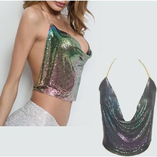 Womens Sexy Bling Metallic Deep V Top Rave Party Music Festival Bra Backless Crop Top Night Club Vest Exotic Tanks Sexy Custom