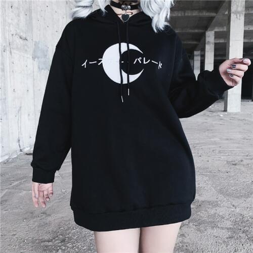 2019 Autumn Hooded Women Dark Gothic Moon Embroidery Long Sleeve Loose Sweatshirt Harajuku Punk Street Casual Black Hoodie Girls
