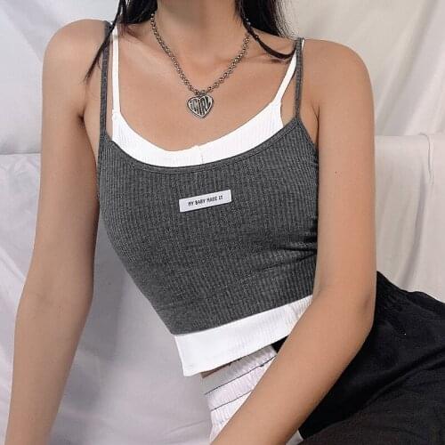 Womens Personality Stitching Fake-two Tube Top Crop Corset Tank Cami Sleeveless Letter Halter Solid Color Y2k Aesthetic E-Girl