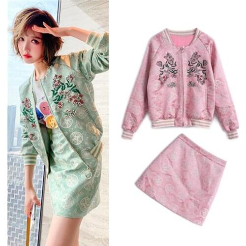 Womens spring and autumn dobby beaded sequined baseball flower jacket coat sportswear and mini skirt suit two-piece suit NS991