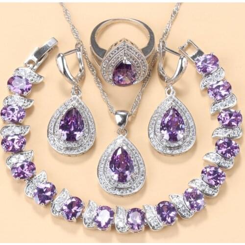 Romantic Wedding Accessories Purple Crystal Water Drop Silver Colors Jewelry Sets For Women Bridal Party Gifts