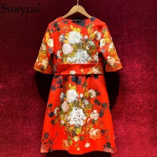 Svoryxiu luxury Runway Autumn Winter Vintage Party Dress Womens Fashion Half Sleeve Diamond Buttons Flower Print Red Dress