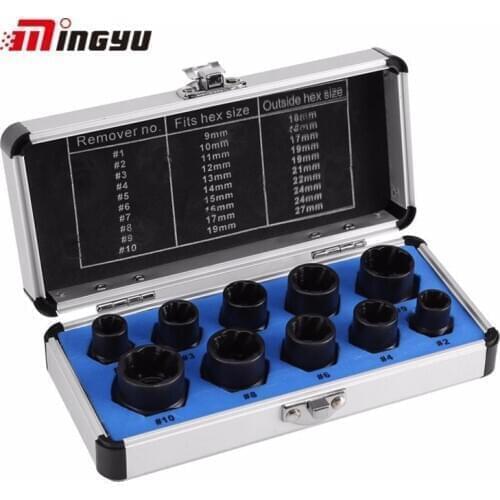 10pcs 9-19mm Damaged Nut Bolt Remover Kit Stud Extractor Broken Bolt Screw Remover Hand Tools Set Threading Tools Kit Black Nuts
