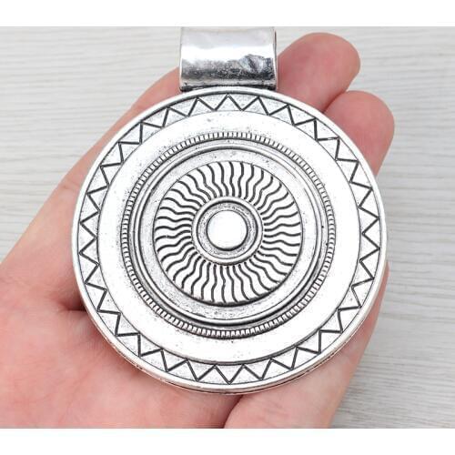 2 x Silver Color Boho Bohemia Tribal Large Big Round Medallion Charms Pendants for Necklace Jewelry Making Findings 77x64mm
