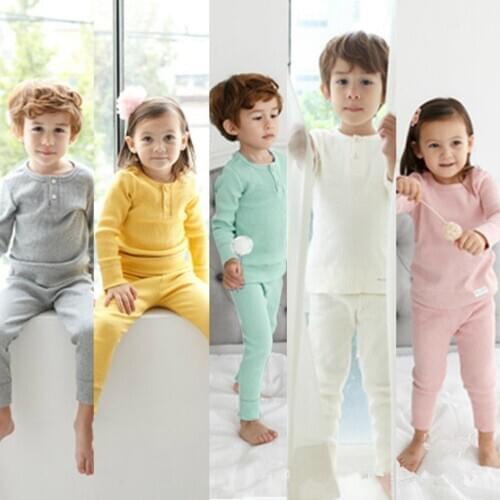 2021 Hot Sale Children Autumn Winter Pajamas Set Infant Baby Boys Girls Solid Botton Homewear Kids Cotton Lounge Wear