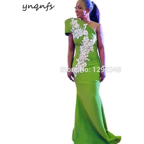 YNQNFS E25 Africa Celebrity Satin Lace Applique One Shoulder White Grass Green Mermaid Evening Dress Long 2019