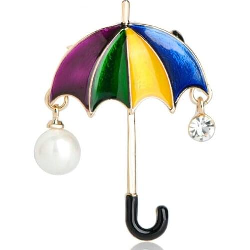 OI Special Rainbow Umbrella Shape Brooches Simulated Pearls Enamel Alloy Jewelry Sweater Clothes Accessories Women Kids Gifts