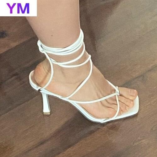 Black White New Fashion Sexy Lace Up Women Sandals Square Toe Thin Heel Cross Tied Party Shoes High Heel Black White Size 35-43