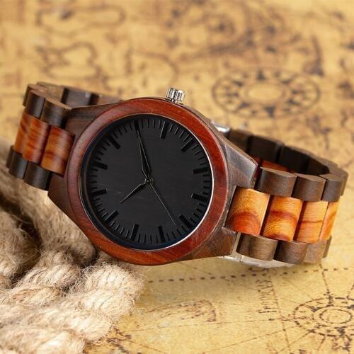 Wood Watch Creative Folding Clasp Band Wristwatch Black Analog Design Quartz Watch Bambood Natural Wooden Wrist Watch For Men