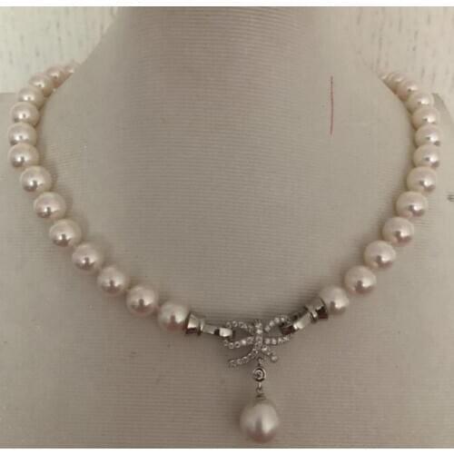 Elegant 9-10mm south sea round whtie pearl necklace 18inch 925s KKK