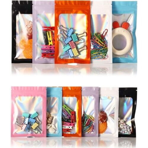 Glossy Resealable Holographic Zip Lock Gift Package Bag Aluminum Foil Mylaer Jewelry Cosmatic Zipper Bags Clear Window 50pcs