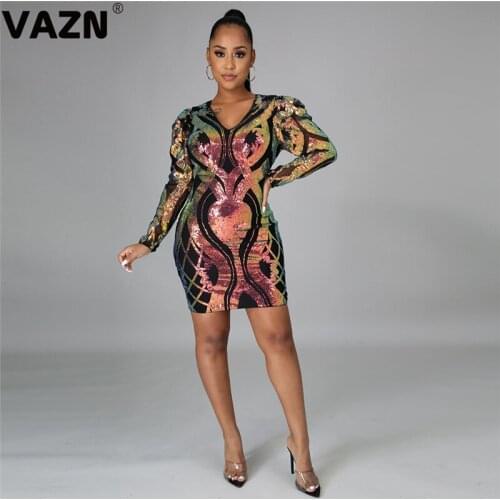VAZN 2020 Hot Heavy Industry Sequined Sexy Club Flaring Young Elegant Sexy Club Fashion Full Sleeve Women Straight Mini Dress
