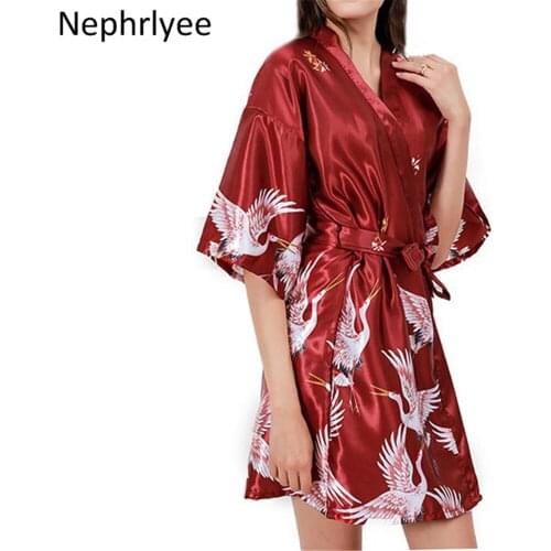 Summer print Robe Satin Sleepwear Women Nightgown Sexy Nightdress Lady Kimono Bathrobe Gown Negligee
