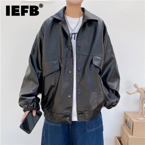 IEFB 2021 Autumn Fashion Loose PU Leather Coats Mens Motorcycle Wear Black Leather Jacket Lapel Single Breasted Clothes 9Y8839