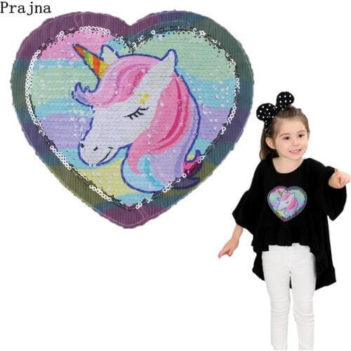 Prajna Unicorn Patches Reversible Change Color Magic Rainbow Sequins Patch Jacket DIY Dress Kid Clothing Applique Letter Sticker