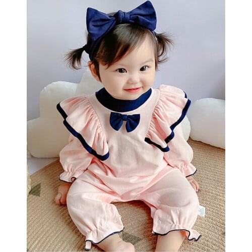 0-2T Childrens One-piece Long-sleeved Baby Spring New Romper Thin Cotton Baby Girl Pajamas Solid Sweet Color Romper