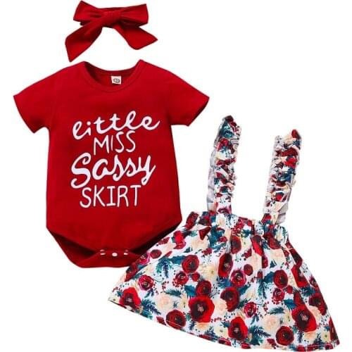 2021-04-20 Lioraitiin 2Pcs Set 0-24M Infant Baby Girl Short-sleeved Romper Suspender SkirtHeadband Letter Flower Print Clothing